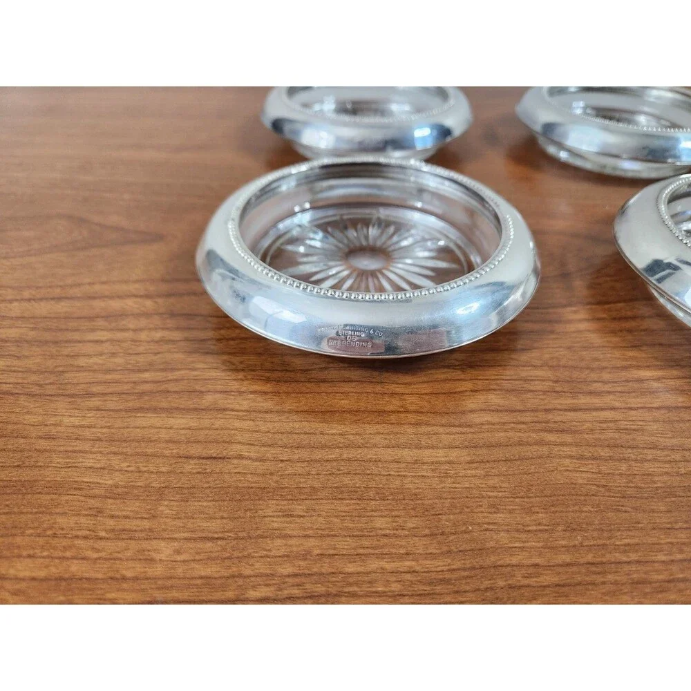 Vintage Set 6 Frank M. Whiting & Co Sterling Silver Glass Coasters #05 Starburst